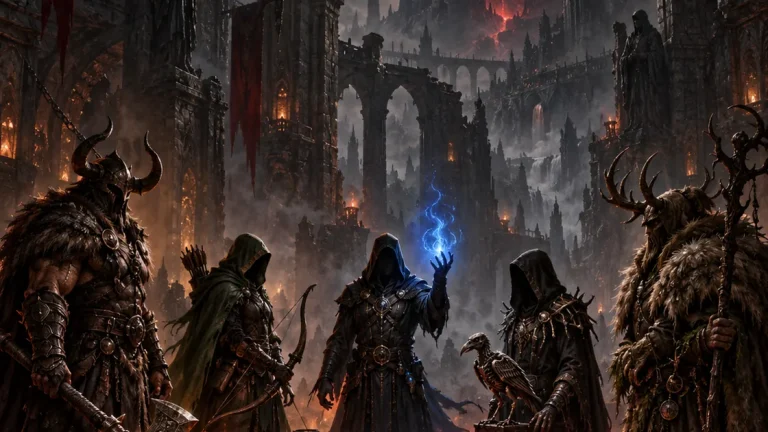 Original fantasy illustration of five adventurers with different combat styles gathered around a stone table.
