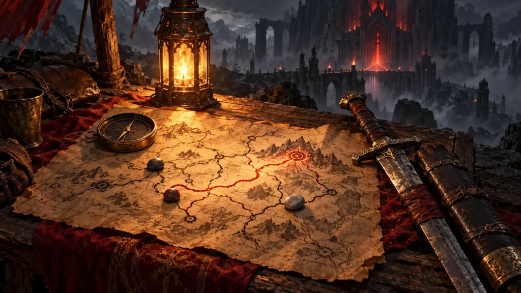 Original illustration of a lantern-lit expedition map, compass and repaired sword before a distant dungeon.