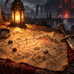 Original illustration of a lantern-lit expedition map, compass and repaired sword before a distant dungeon.