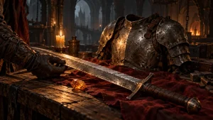 Original illustration of a gloved hand inspecting a sword beside armor and an amber gemstone.