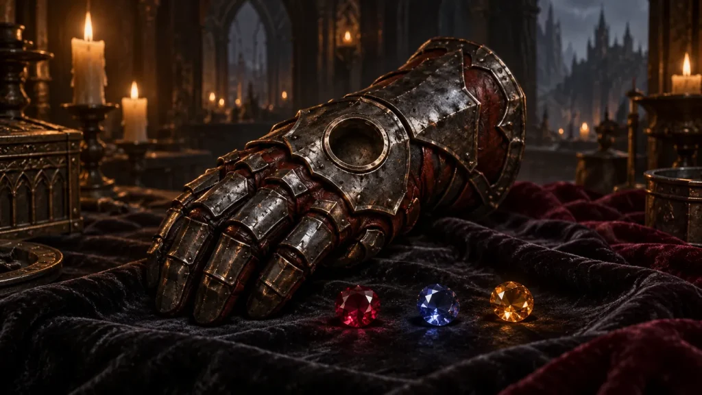 Original illustration of an iron gauntlet with an empty socket beside red, blue and amber gemstones.