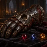 Original illustration of an iron gauntlet with an empty socket beside red, blue and amber gemstones.