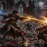 Original illustration of a battle mage balancing a small blue spark with a controlled amber spell.