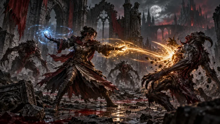 Original illustration of a battle mage balancing a small blue spark with a controlled amber spell.