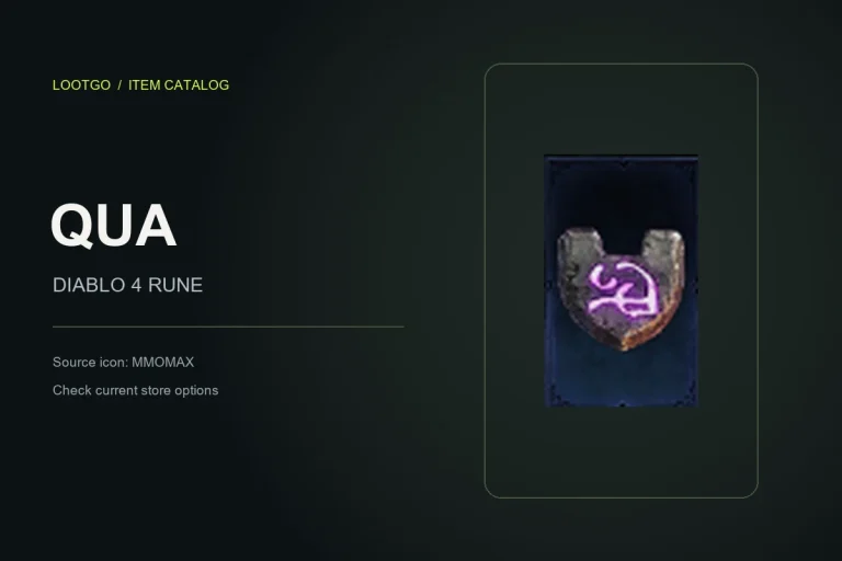 Catalog card for the Qua Rune, using its MMOMAX source icon and item name; not a gameplay tooltip.