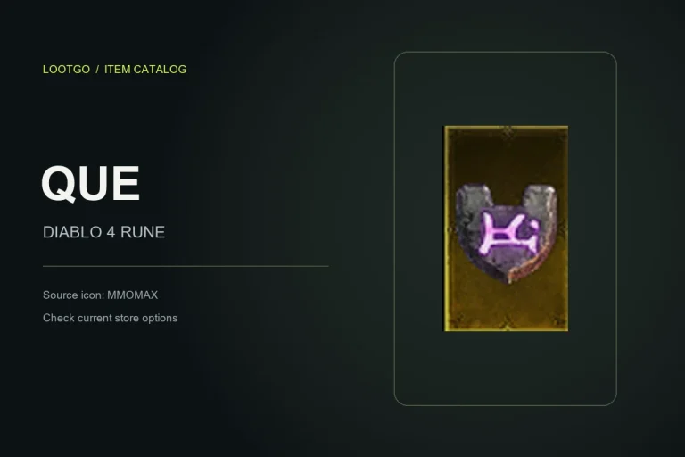 Catalog card for the Que Rune, using its MMOMAX source icon and item name; not a gameplay tooltip.