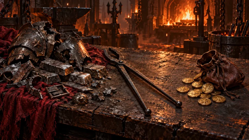 Original illustration contrasting crafting scraps and iron ingots with a leather purse and gold coins.