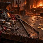 Original illustration contrasting crafting scraps and iron ingots with a leather purse and gold coins.