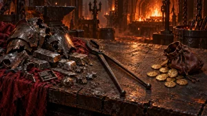 Original illustration contrasting crafting scraps and iron ingots with a leather purse and gold coins.