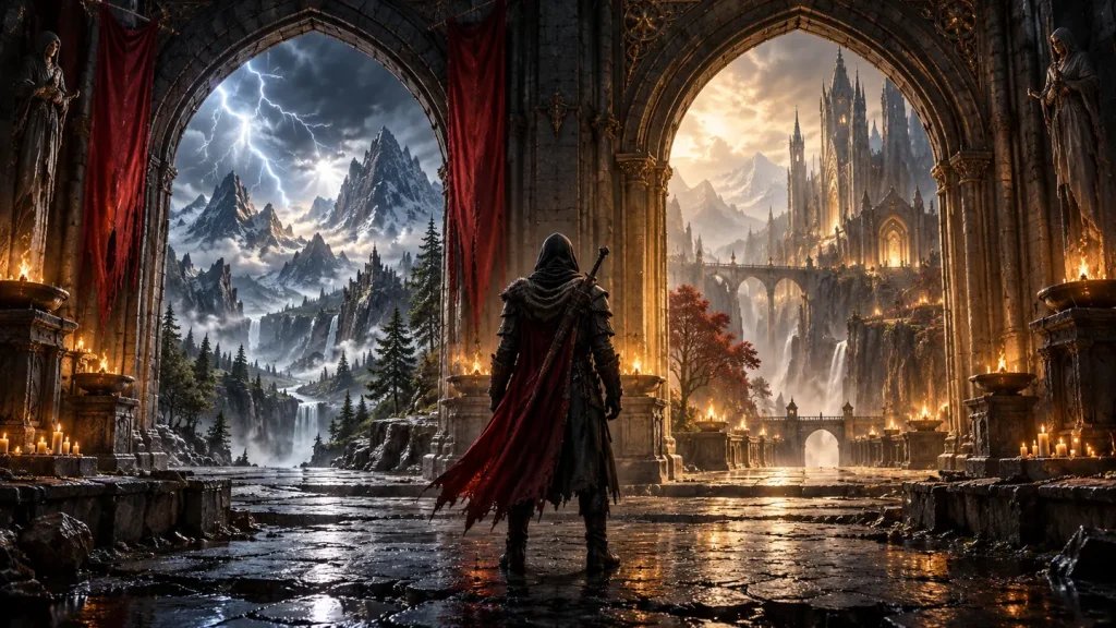 Original illustration of an adventurer choosing between a storm-lit archway and a candlelit sanctuary.
