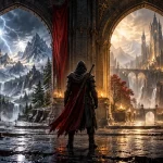 Original illustration of an adventurer choosing between a storm-lit archway and a candlelit sanctuary.