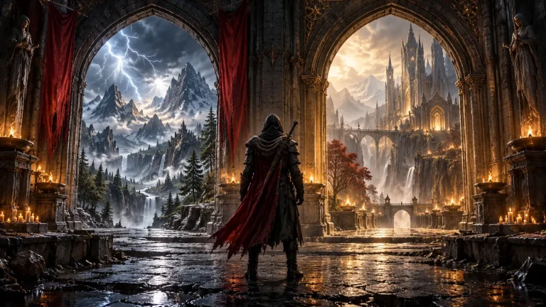 Original illustration of an adventurer choosing between a storm-lit archway and a candlelit sanctuary.