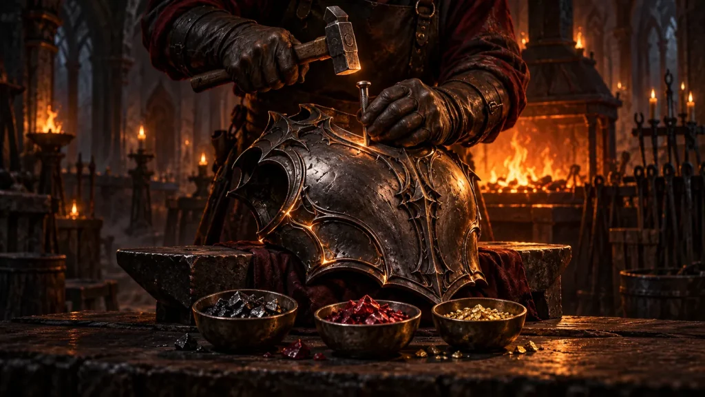 Original illustration of a blacksmith carefully working on armor beside three bowls of crafting materials.