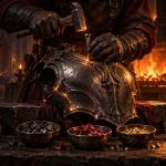 Original illustration of a blacksmith carefully working on armor beside three bowls of crafting materials.