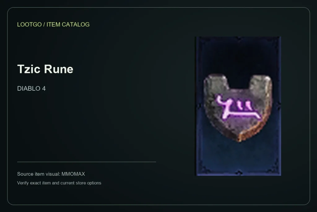 Catalog card using the MMOMAX source visual and name for Tzic Rune in Diablo 4; not a gameplay screenshot or full tooltip.