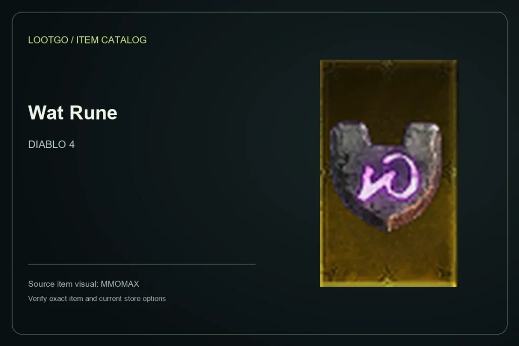 Catalog card using the MMOMAX source visual and name for Wat Rune in Diablo 4; not a gameplay screenshot or full tooltip.
