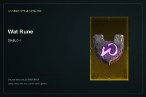 Catalog card using the MMOMAX source visual and name for Wat Rune in Diablo 4; not a gameplay screenshot or full tooltip.