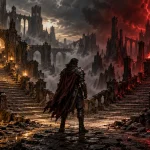 Original illustration of an armored adventurer considering two stairways lit by amber lanterns and a crimson storm.