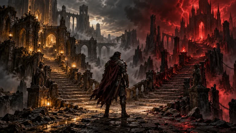 Original illustration of an armored adventurer considering two stairways lit by amber lanterns and a crimson storm.
