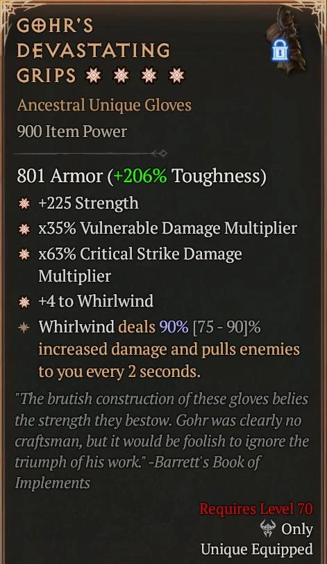 MMOMAX reference tooltip for Gohr’s Devastating Grips, showing Ancestral Unique Gloves and Whirlwind-related text.