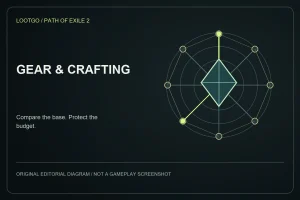 Original LootGo editorial diagram for gear and crafting; not an official Path of Exile 2 image, gameplay screenshot or exact interface.