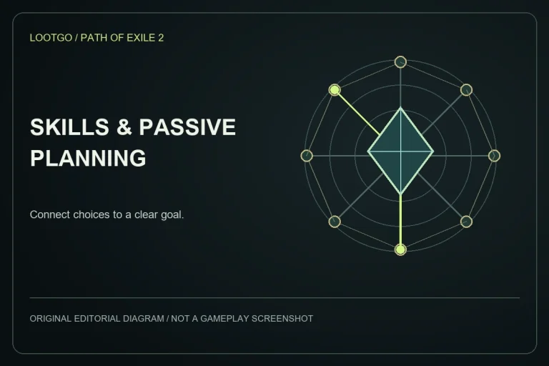 Original LootGo editorial diagram for skills and passive planning; not an official Path of Exile 2 image, gameplay screenshot or exact interface.