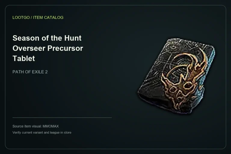 Catalog layout using the MMOMAX source visual and name for Season of the Hunt Overseer Precursor Tablet; not a gameplay screenshot or complete tooltip.