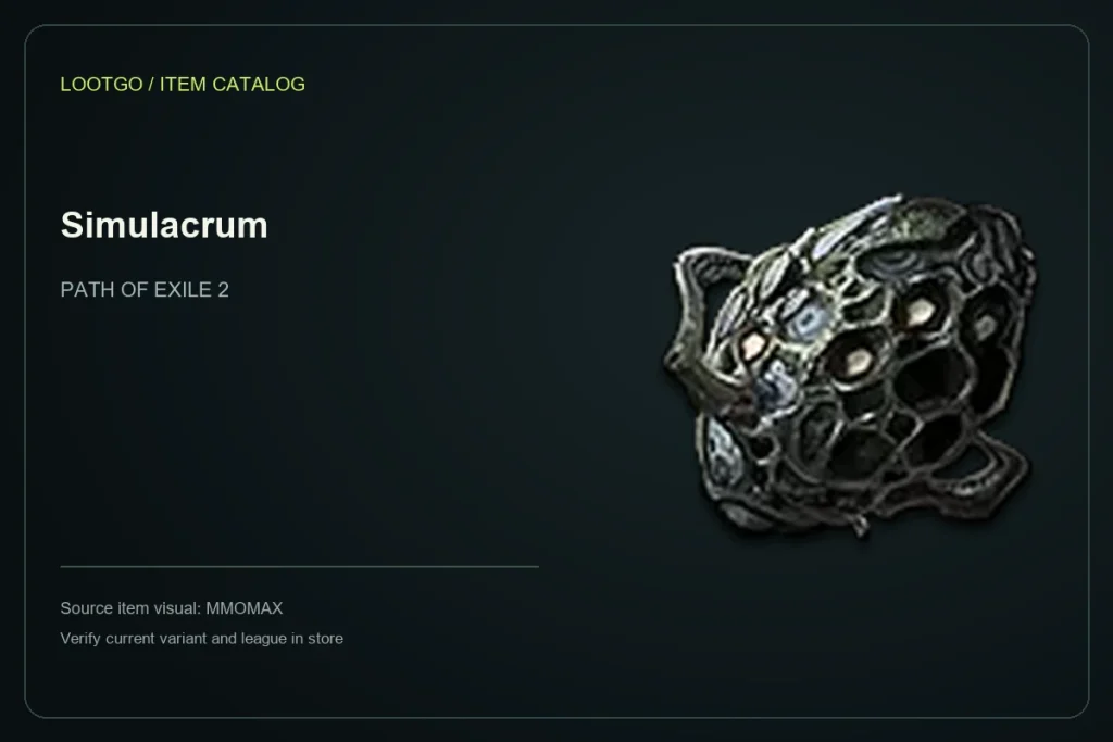 Catalog layout using the MMOMAX source visual and name for Simulacrum; not a gameplay screenshot or complete tooltip.