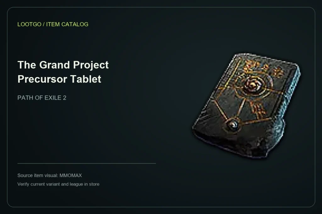 Catalog layout using the MMOMAX source visual and name for The Grand Project Precursor Tablet; not a gameplay screenshot or complete tooltip.