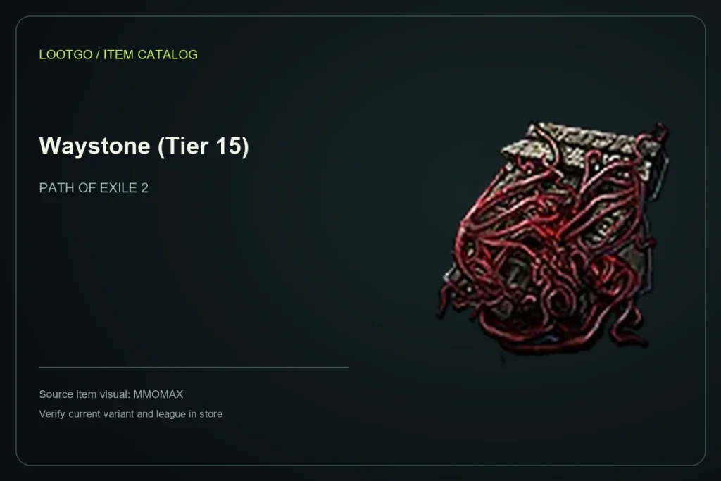 Catalog layout using the MMOMAX source visual and name for Waystone (Tier 15); not a gameplay screenshot or complete tooltip.