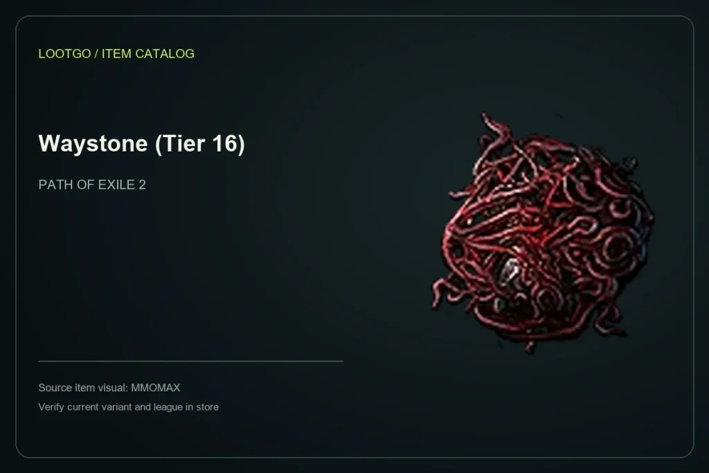 Catalog layout using the MMOMAX source visual and name for Waystone (Tier 16); not a gameplay screenshot or complete tooltip.