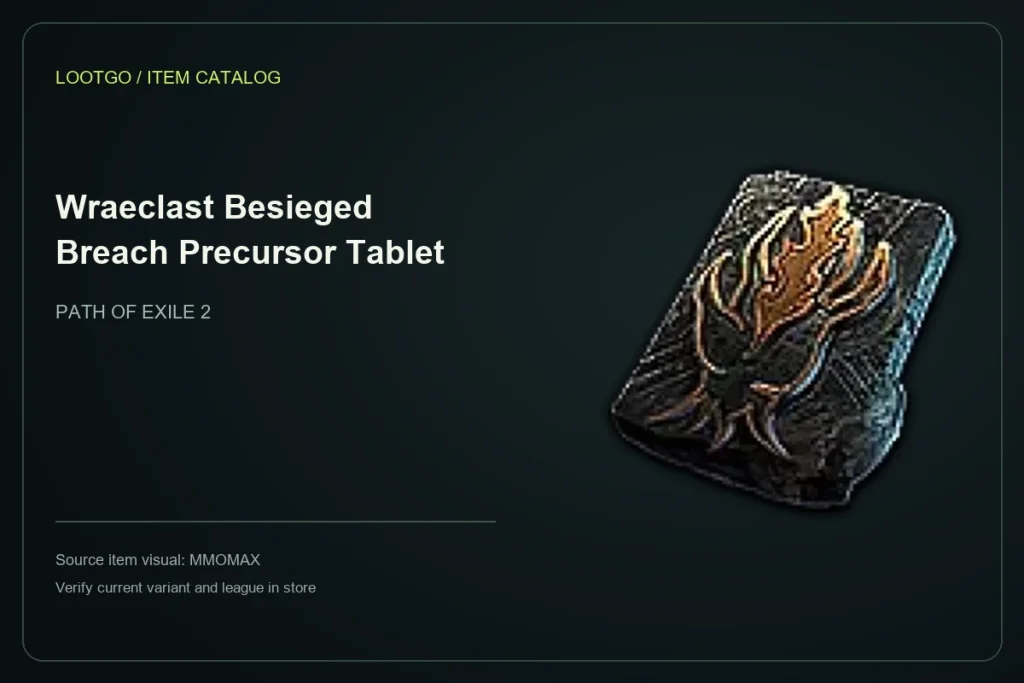 Catalog layout using the MMOMAX source visual and name for Wraeclast Besieged Breach Precursor Tablet; not a gameplay screenshot or complete tooltip.