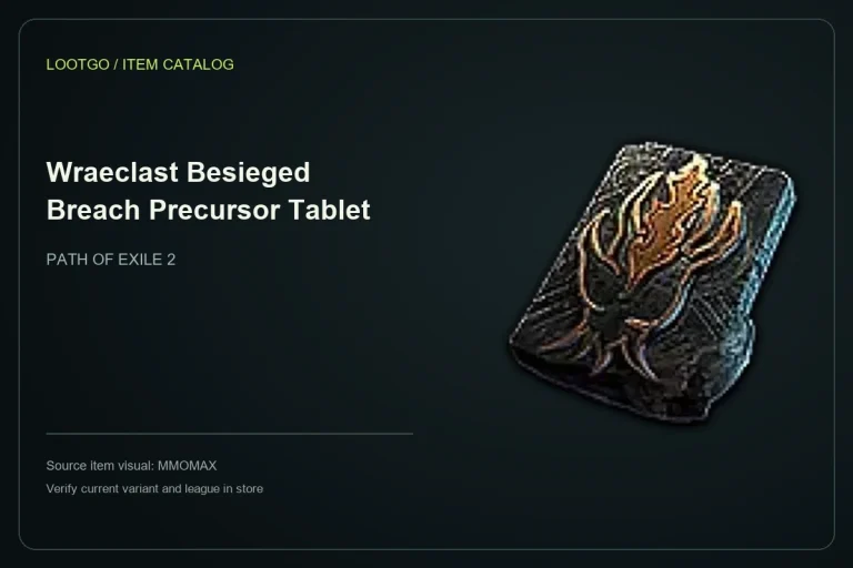 Catalog layout using the MMOMAX source visual and name for Wraeclast Besieged Breach Precursor Tablet; not a gameplay screenshot or complete tooltip.