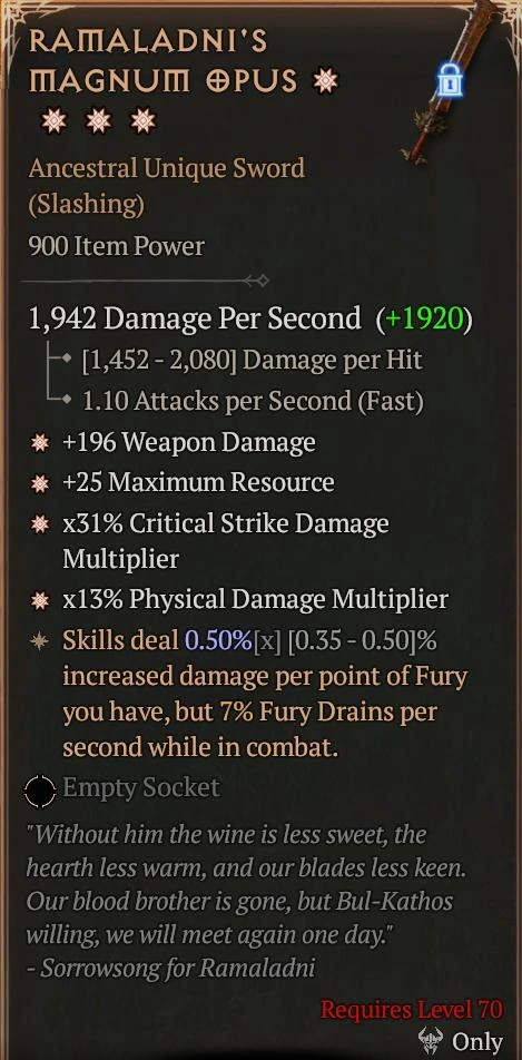 MMOMAX reference tooltip for Ramaladni’s Magnum Opus, an Ancestral Unique Sword with Fury-related text.