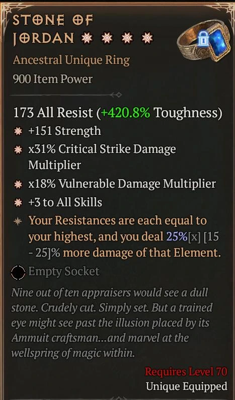 MMOMAX reference tooltip for Stone of Jordan, showing an Ancestral Unique Ring with resistance-related text.