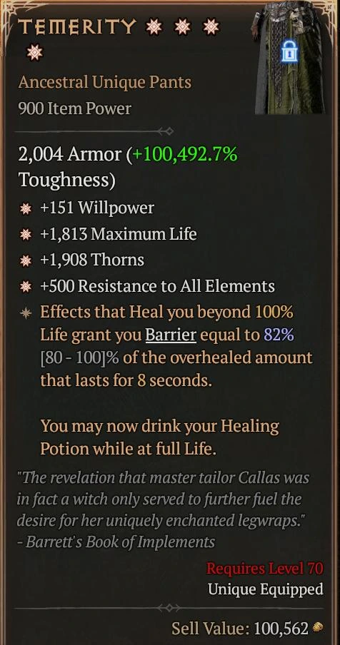 MMOMAX reference tooltip for Temerity, showing Ancestral Unique Pants and a healing-to-Barrier effect.