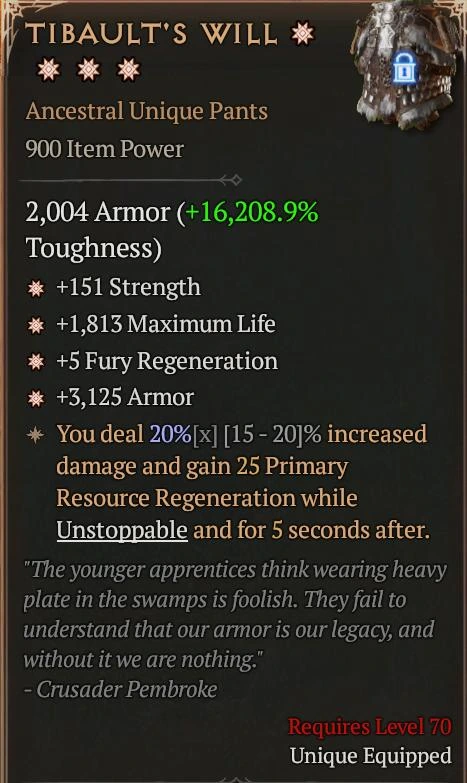 MMOMAX reference tooltip for Tibault’s Will, showing Ancestral Unique Pants and an Unstoppable-related effect.
