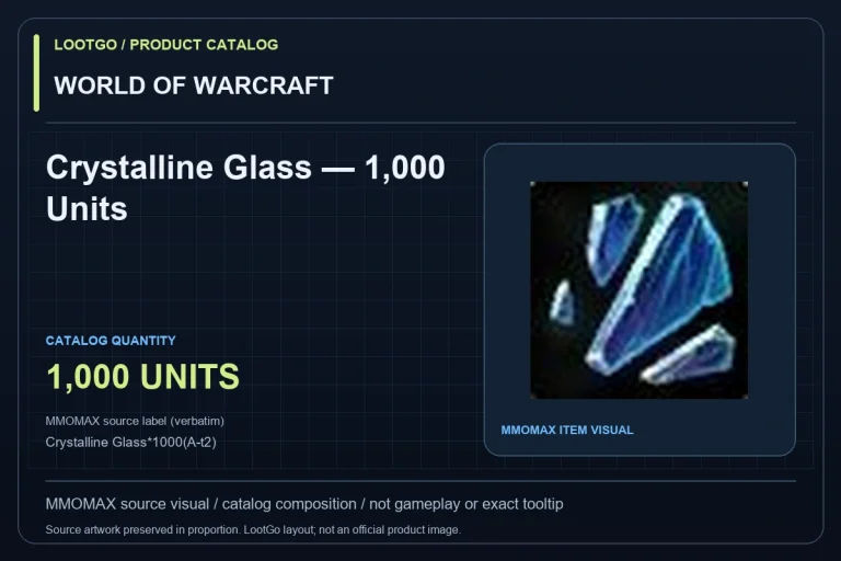WORLD OF WARCRAFT: Crystalline Glass — 1,000 Units. MMOMAX source visual in a dark lime and blue LootGo catalog composition, not gameplay or an exact tooltip. Source label preserved verbatim: Crystalline Glass*1000(A-t2); suffix not interpreted as a grade.