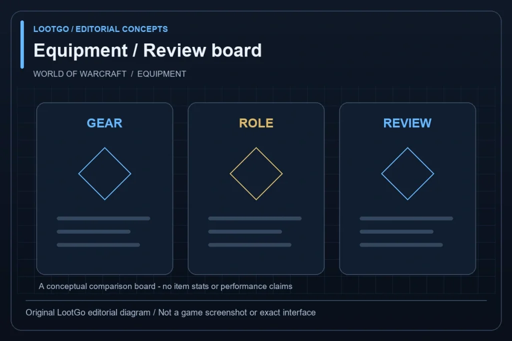 Original LootGo editorial diagram, not an official image, game screenshot or exact interface: GEAR, ROLE and REVIEW shown in three comparison columns with abstract diamonds; blue and gold.
