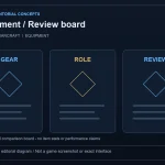 Original LootGo editorial diagram, not an official image, game screenshot or exact interface: GEAR, ROLE and REVIEW shown in three comparison columns with abstract diamonds; blue and gold.