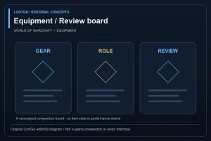 Original LootGo editorial diagram, not an official image, game screenshot or exact interface: GEAR, ROLE and REVIEW shown in three comparison columns with abstract diamonds; blue and gold.