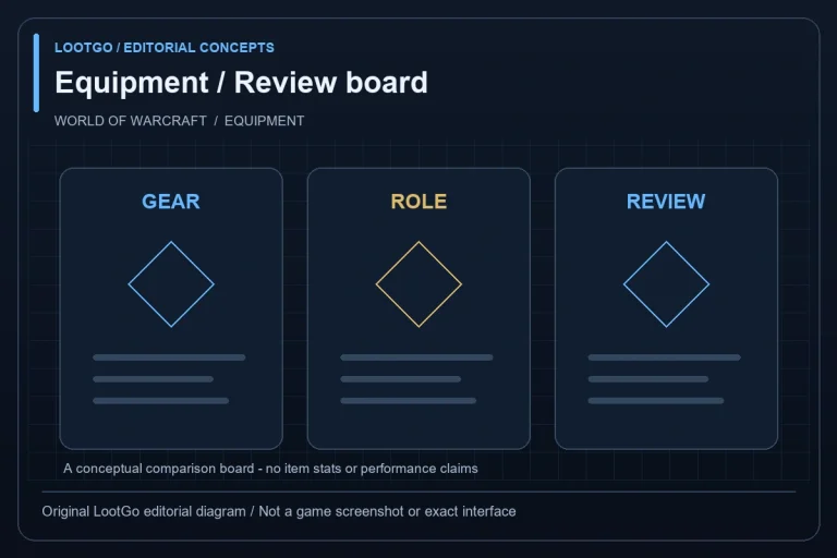 Original LootGo editorial diagram, not an official image, game screenshot or exact interface: GEAR, ROLE and REVIEW shown in three comparison columns with abstract diamonds; blue and gold.