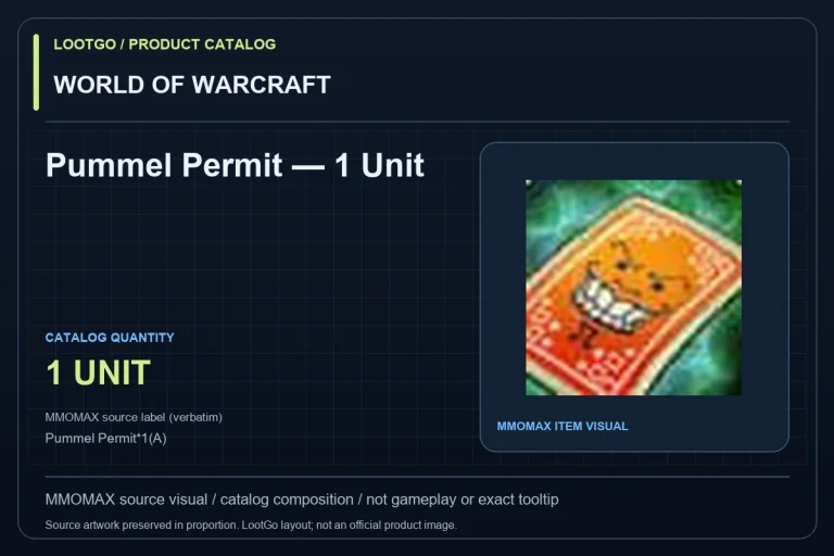 WORLD OF WARCRAFT: Pummel Permit — 1 Unit. MMOMAX source visual in a dark lime and blue LootGo catalog composition, not gameplay or an exact tooltip. Source label preserved verbatim: Pummel Permit*1(A); suffix not interpreted as a grade.