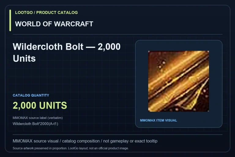 WORLD OF WARCRAFT: Wildercloth Bolt — 2,000 Units. MMOMAX source visual in a dark lime and blue LootGo catalog composition, not gameplay or an exact tooltip. Source label preserved verbatim: Wildercloth Bolt*2000(A-t1); suffix not interpreted as a grade.